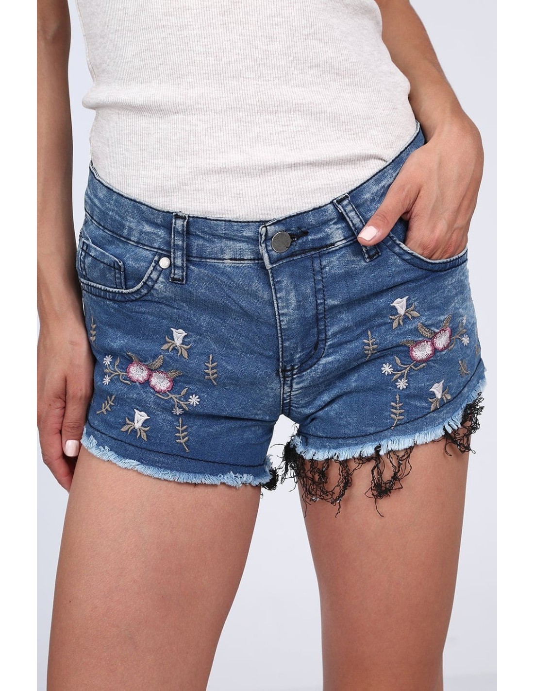 Denim shorts with embroidery, dark blue L5 - Online store - Boutique